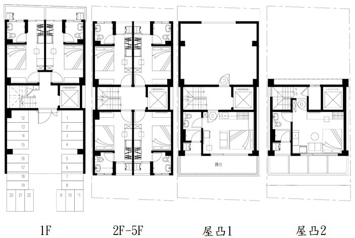 本案原始格局圖:1F、2F至5F、屋凸1與屋凸2